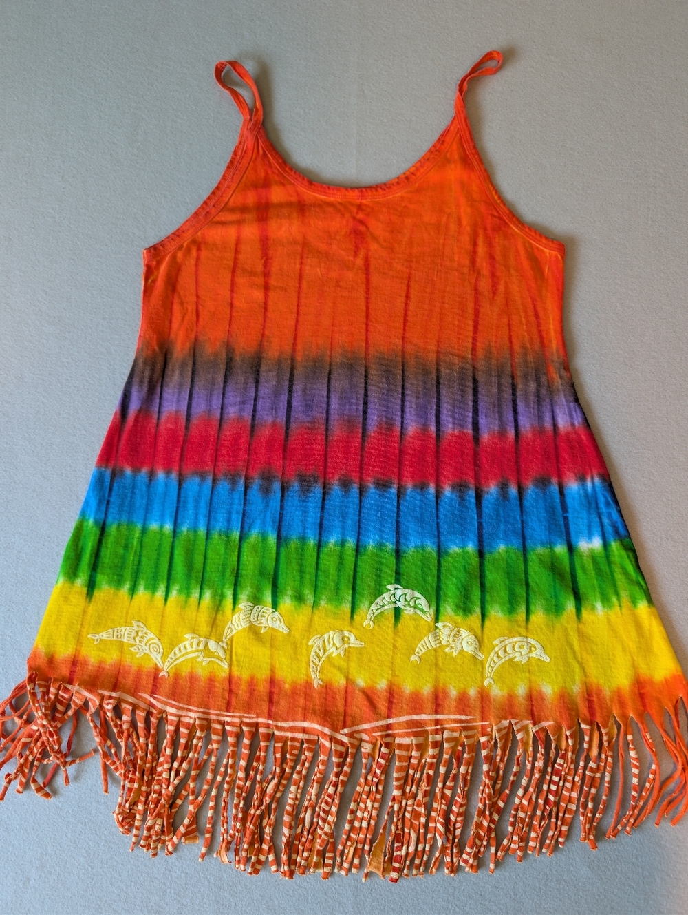 Vintage Cancun Mexico Rainbow Tie Dye Dolphin Fringe Tank Top Cover Up Festival - Picture 7 of 9